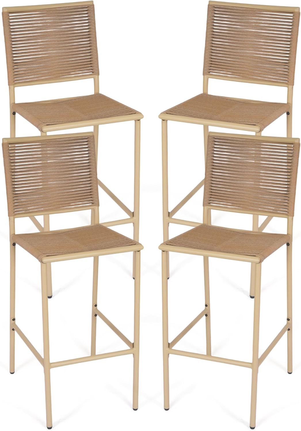 30" Patio Bar Stools Set of 4, Ergonomic Outdoor Wicker Bar Chairs with High Backrest, All-Weather Rope-Like Rattan Bar Height Barstools for Kitchen Island, Garden, Porch, Yellow