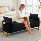 66" End of Bed Storage Bench King Size, Velvet Storage Benches for Bedroom Foot of Bed, Upholstered Storage Ottoman Bench with Golden Legs and Pillow for Living Room Window Entryway, Black