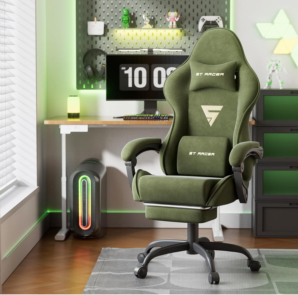 Gaming Chair Racing for Adult, Office Chair with Footrest Massage Lumbar Cushion, Velvet Fabric Reclining Video Game Chairs, Ergonomic Computer Chairs Height Adjustable, for Home Streaming, Green