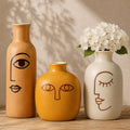 Abstract Face Ceramic Vases Set of 3, Modern Boho Matte Ceramic Vase Set for Home Decor, Rustic Farmhouse Decorative Flower Vases for Shelf, Coffee Table, Mantel and Entryway
