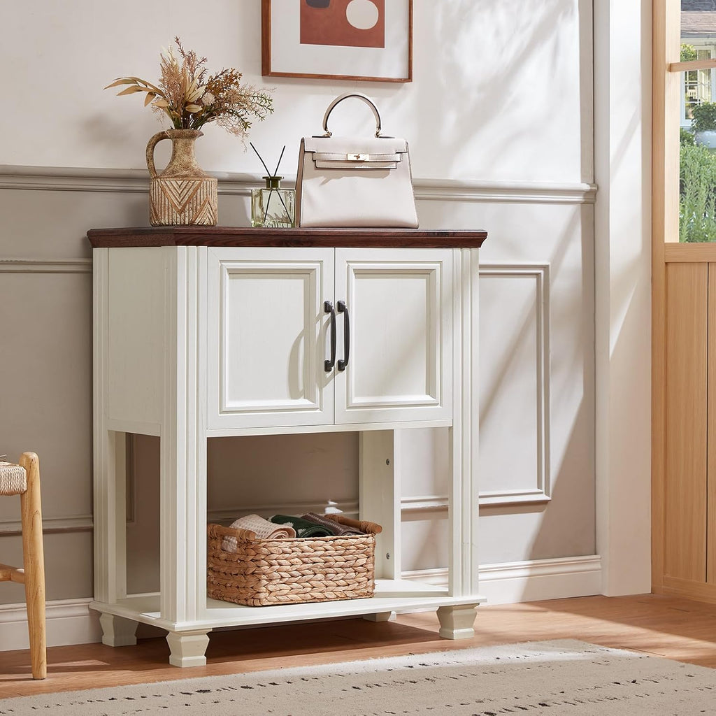 SAVOR LIFE Farmhouse Coffee Bar Table with 2-Door Cabinet, Kitchen Storage Cabinets with Open Shelf, Coffee Station for Dining Room, Kitchen, Hallway, Living Room, White