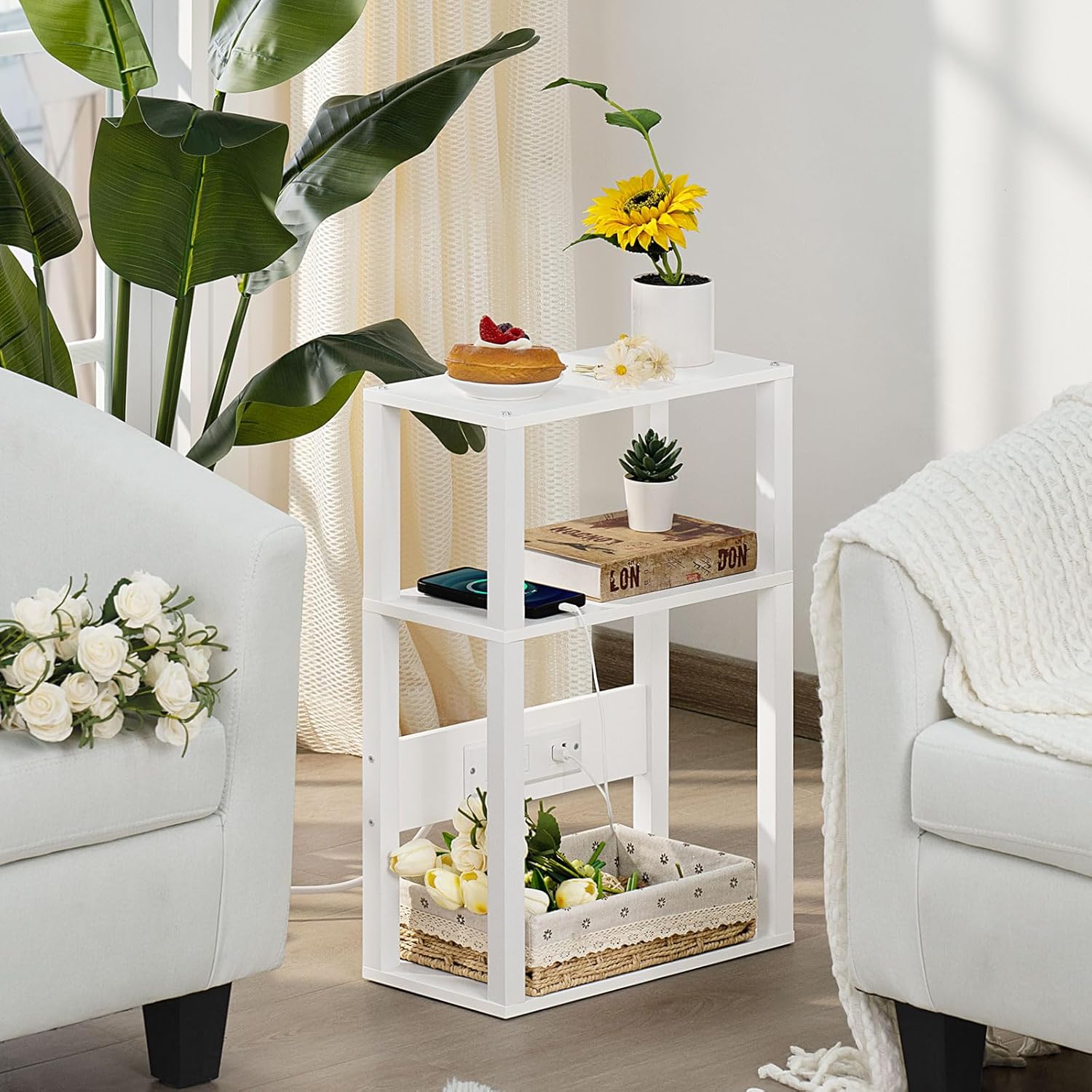 YUFAM 3-Tier Small Narrow Wood Side Table with Charging Station, Skinny Nightstand for Small Space, Slim Bedside Table with Storage for Couch, Thin End Table with USB Ports and Outlets, White