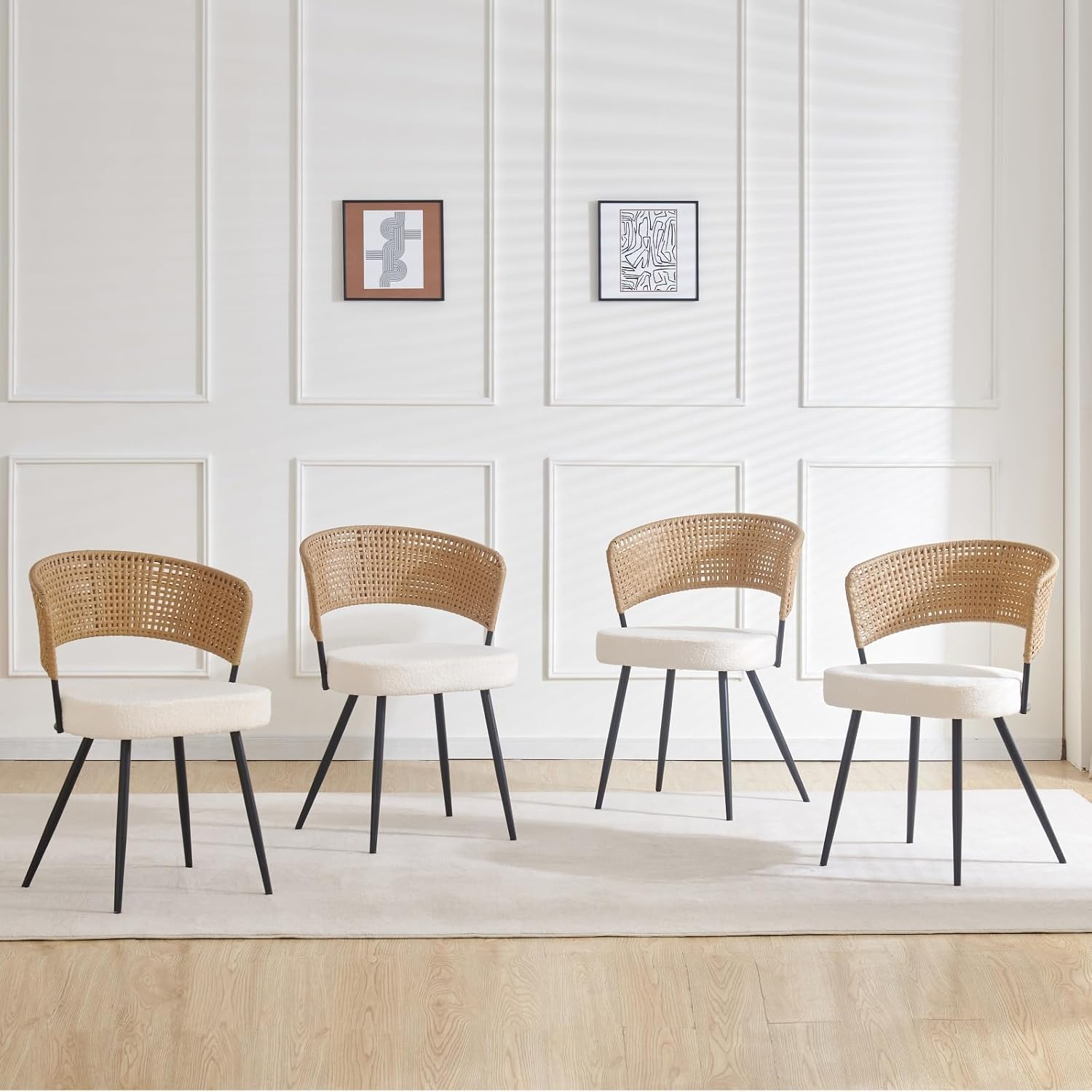Rattan Dining Chairs Set of 4,Farmhouse Upholstered Teddy Cushion with PE Cane Round Back Kitchen Chair,Mid Century Modern Dining Room Chair with Black Metal for Kitchen,White