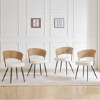Rattan Dining Chairs Set of 4,Kitchen Chairs with PE Cane Back,Upholstered Boucle Armless Side Chair with Metal Legs for Dining Room/Living Room,Beige White