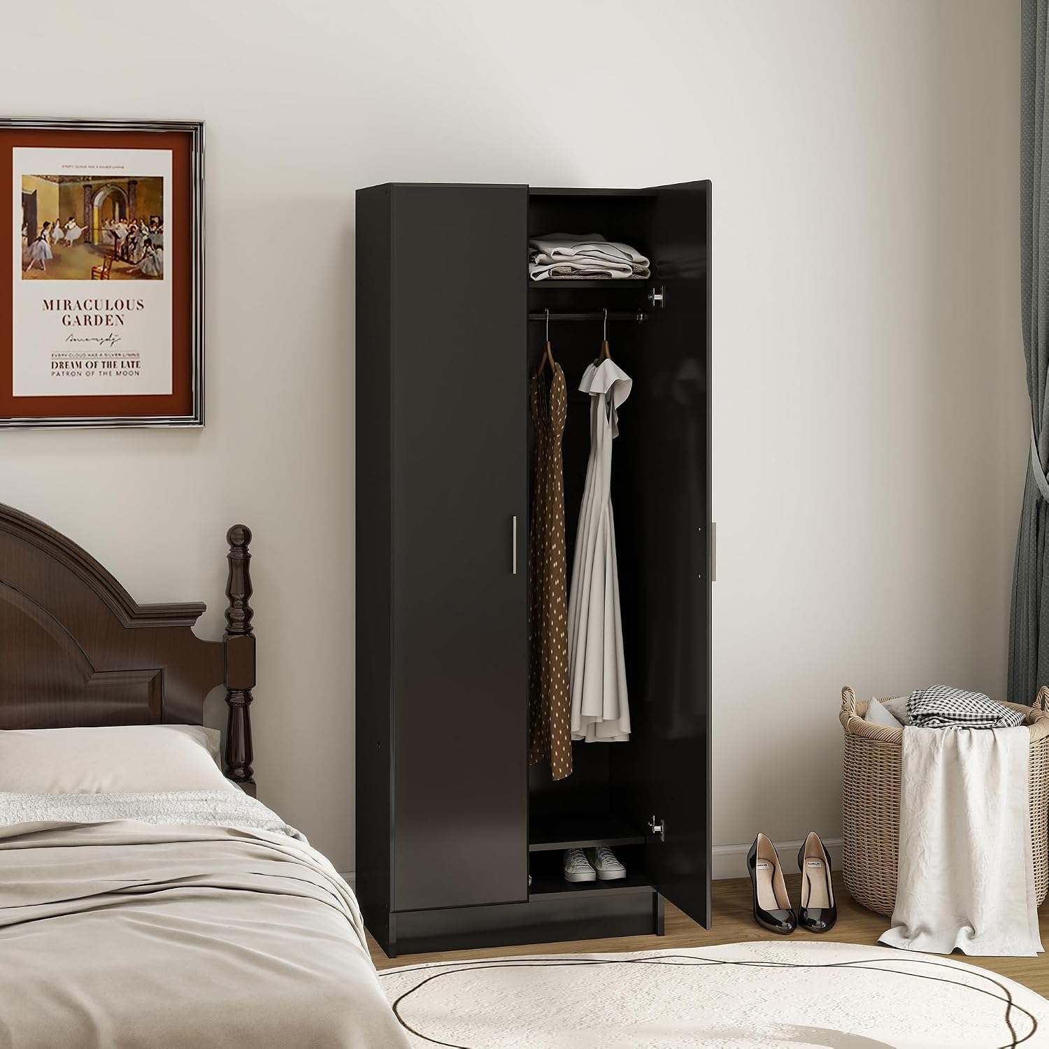 Panana 2 Door Bedroom Wardrobe Closet Bedroom Armoires Home Furniture for Storage (Black)