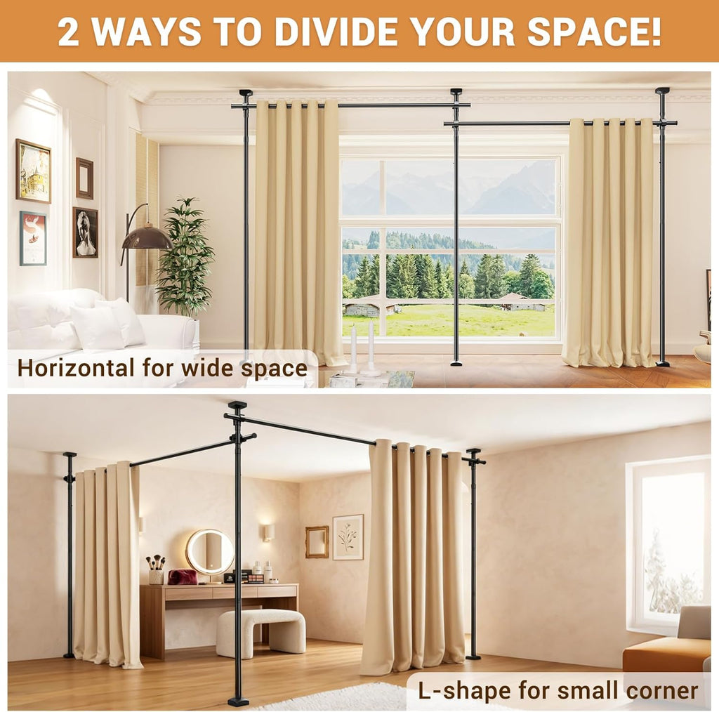 Room Divider Curtain Rod, No Drilling Wall Divider for Room Separation, Adjustable 4-10ft(H) 28-114inch(W) Heavy Duty Temporary Wall Divider Floor to Ceiling Tension Rod,Black