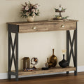 ChooChoo 47" Farmhouse Console Table with Drawer for Entryway, Narrow Long Entry Table with Shelf for Living Room, Rustic Vintage Hallway Sofa Table with Stable X Supports, Rustic Oak & Black