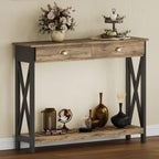ChooChoo 47" Farmhouse Console Table with Drawer for Entryway, Narrow Long Entry Table with Shelf for Living Room, Rustic Vintage Hallway Sofa Table with Stable X Supports, Rustic Oak & Black