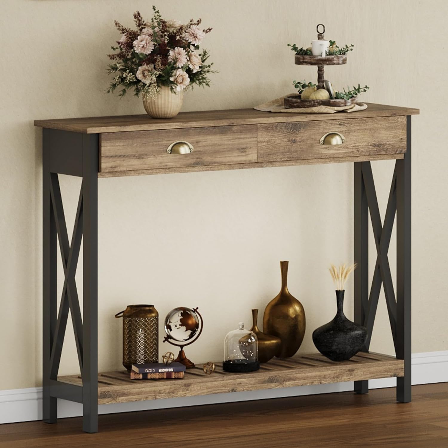 ChooChoo 47" Farmhouse Console Table with Drawer for Entryway, Narrow Long Entry Table with Shelf for Living Room, Rustic Vintage Hallway Sofa Table with Stable X Supports, Rustic Oak & Black