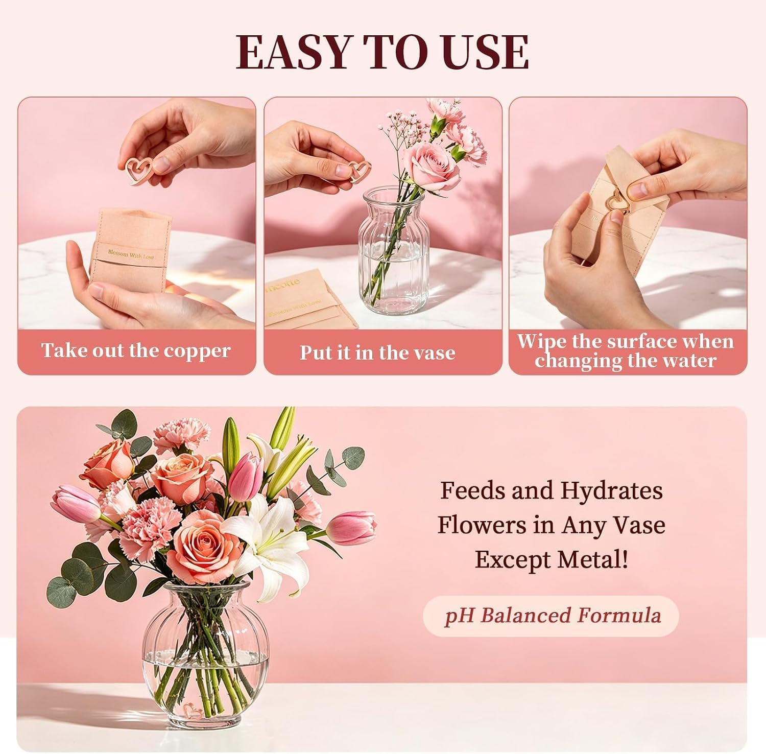 Fresh Cut Flower Food Copper Heart – Boost Flower Food Packet & Keep Water Clean for Longer Life, 99.99% Copper, Eco Friendly, Reusable Vase Accessory for All Fresh Cut Flower Varieties (1-Pack)