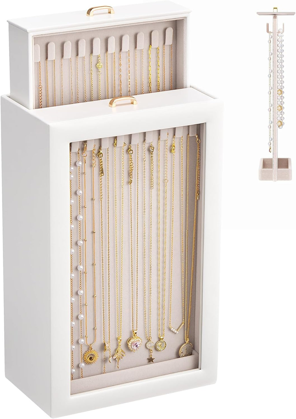 Lolalet Upgraded Double-Sided Hanging Necklace Organizer Box, Jewelry Display Case with Double-Sided Clear Window for Necklaces Bracelets, Tangle-Free Necklace Storage Box, White, 2-Layer 40 Hooks