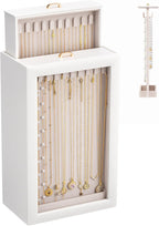 Lolalet Upgraded Double-Sided Hanging Necklace Organizer Box, Jewelry Display Case with Double-Sided Clear Window for Necklaces Bracelets, Tangle-Free Necklace Storage Box, White, 2-Layer 40 Hooks