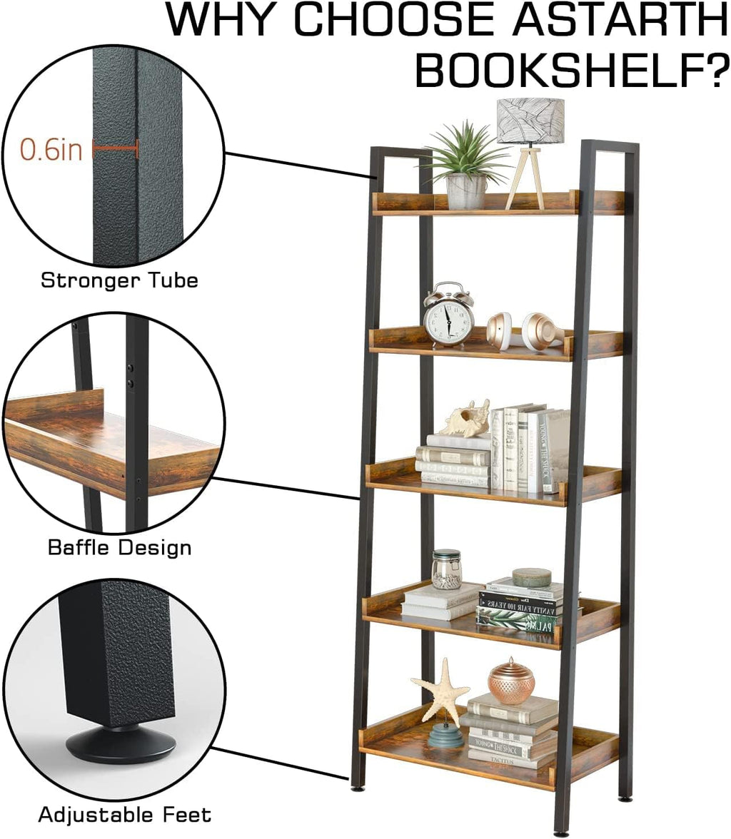 ASTARTH 5-Tier Ladder Shelf, 67" Tall Open Wooden Bookshelf with Metal Frame for Living Room, Rustic Brown