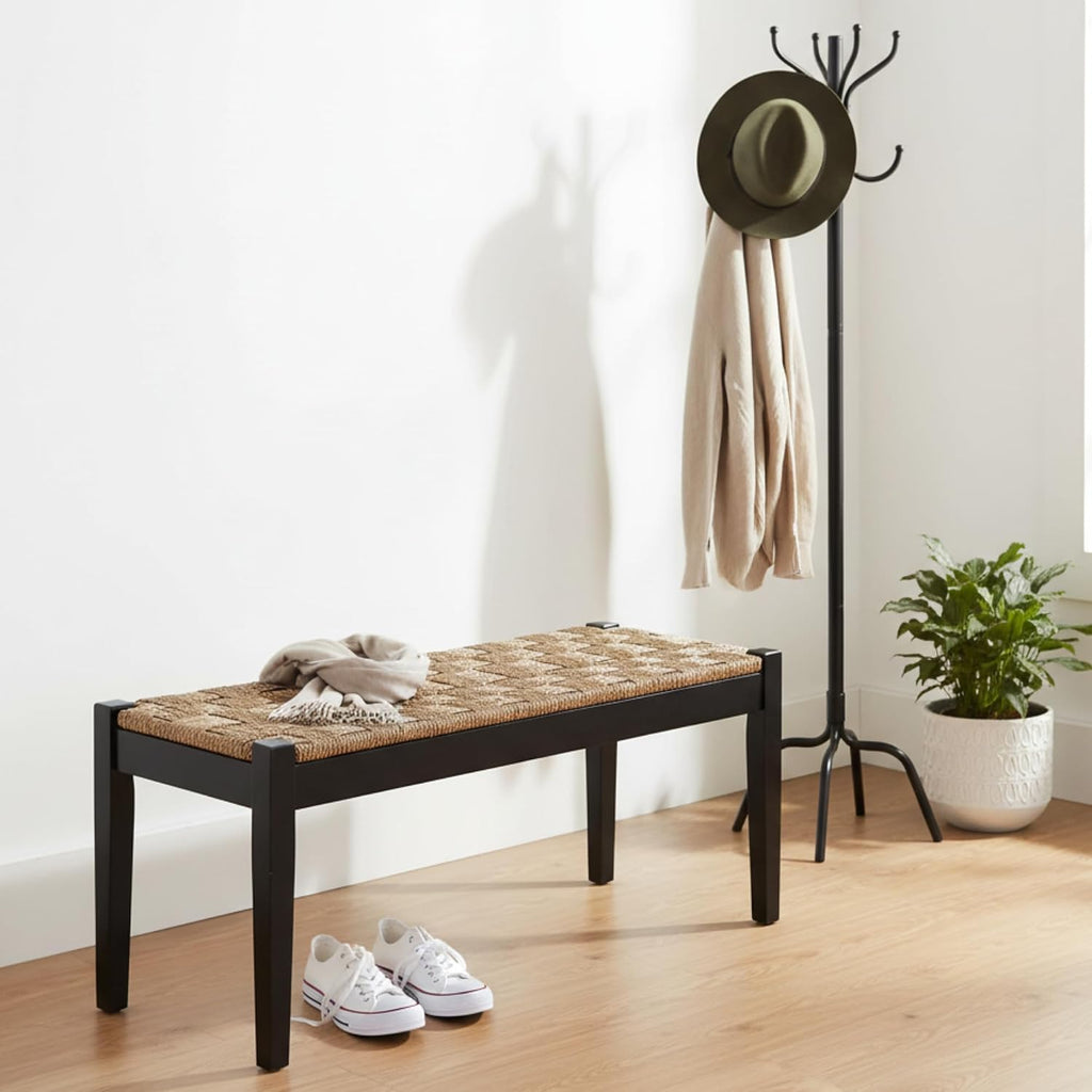 Vintage Entryway Bench, 47 inch Acacia Wood Bench with Woven Seagrass Seat, Entryway Bench, Wicker Bench Indoor for Hallway, End of Bed, Rustic Farmhouse Boho Style, Indoor Decorative Bench (Black)