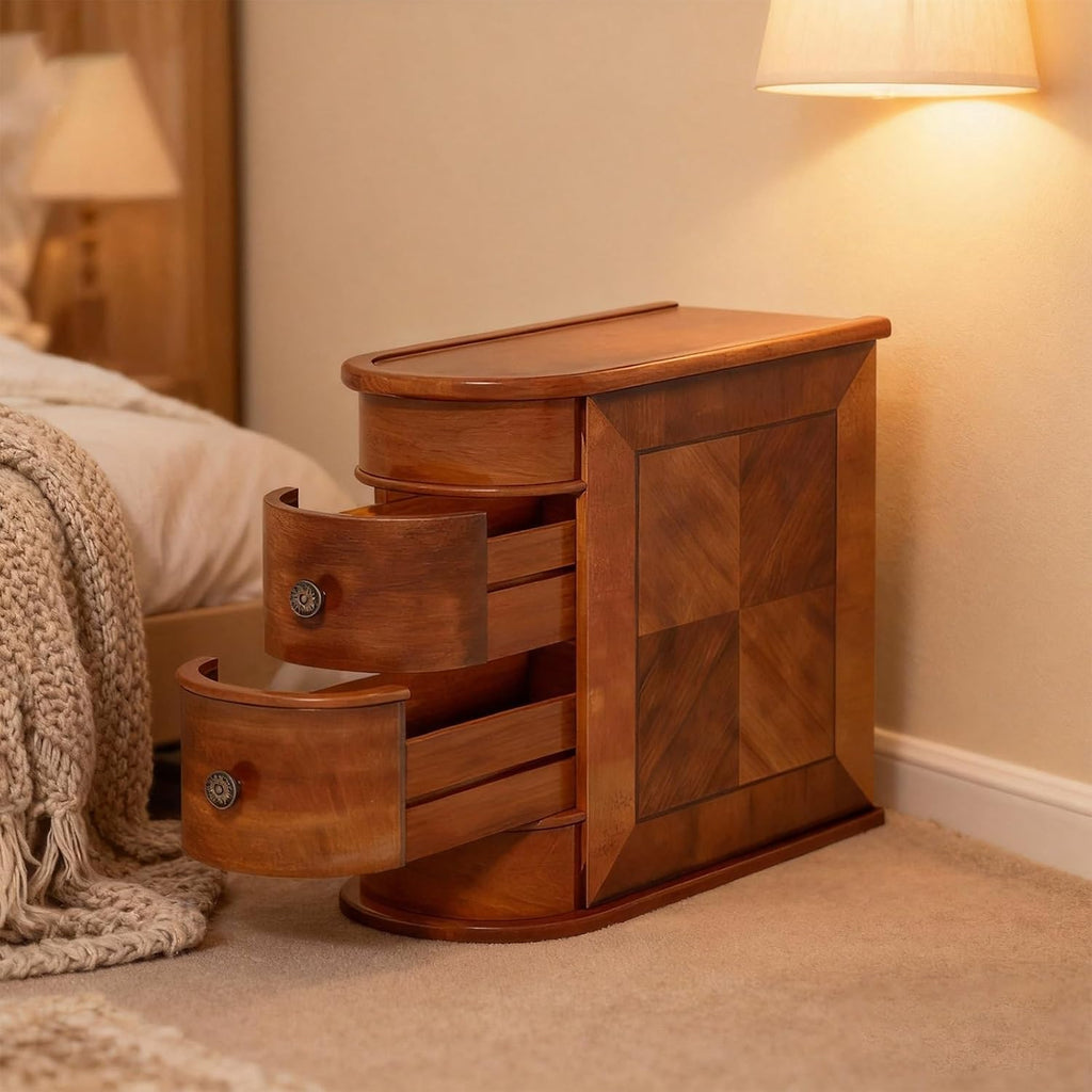 Vintage Wood End Table with 2 Drawers, No Assembly Required Slim Narrow Design for Small Spaces, Sofa Side for Living Room or Nightstand for Bedroom(Brown,Number of Items: 1)