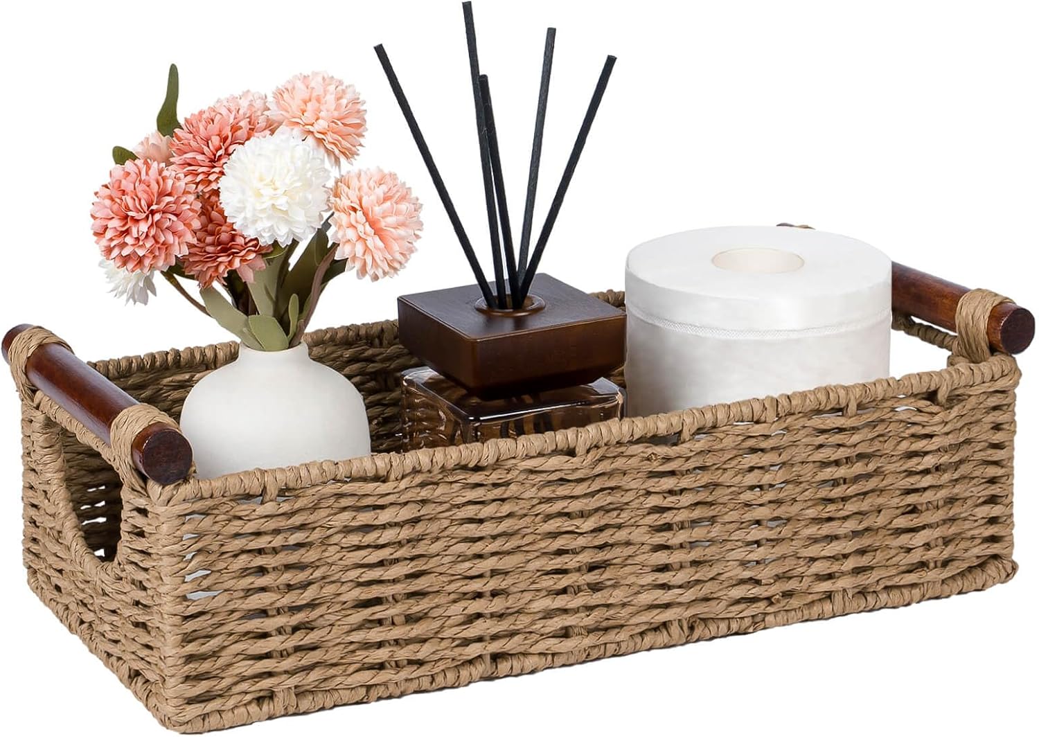 CubesLand Small Wicker Toilet Basket Tray Organizer W/Cut Out Handle, Handwoven Slim Decorative Basket for Countertop, Shelves And for Rustic Home Decor, Living Room, Nursery Organization, Neutral