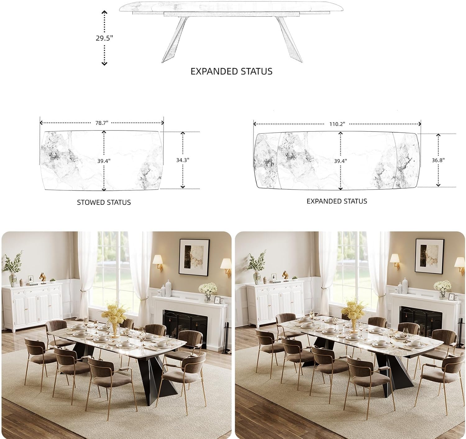 Honyee Extendable Dining Table with Leaf, 78 to 110 Inch Rectangular Sintered Stone, Modern Large Dining Room Table Seats 6 8 10 12, Metal Base, Marble Look for Family Gatherings