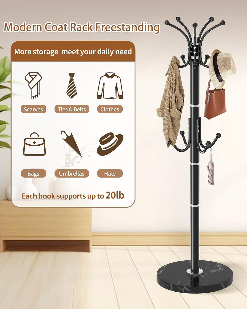 Metal Coat Rack with Natural Marble Base,360°Rotary Coat Rack Stand with 14 Hooks,Modern Freestanging Coat Racks, Black Coat Jacket Hanger Clothes Tree Stand for Entryway,Corner