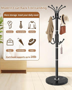 Metal Coat Rack with Natural Marble Base,360°Rotary Coat Rack Stand with 14 Hooks,Modern Freestanging Coat Racks, Black Coat Jacket Hanger Clothes Tree Stand for Entryway,Corner