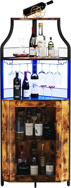 GAOMON Corner Bar Cabinet with LED Strip and Glass Holder, Industrial Wine Cabinet with Adjustable Shelf, 5-Tier Liquor Cabinet for Home, Rustic Brown