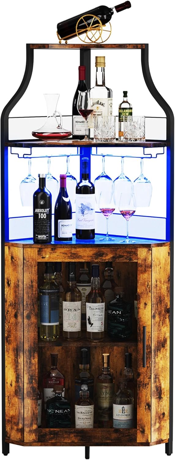 GAOMON Corner Bar Cabinet with LED Strip and Glass Holder, Industrial Wine Cabinet with Adjustable Shelf, 5-Tier Liquor Cabinet for Home, Rustic Brown