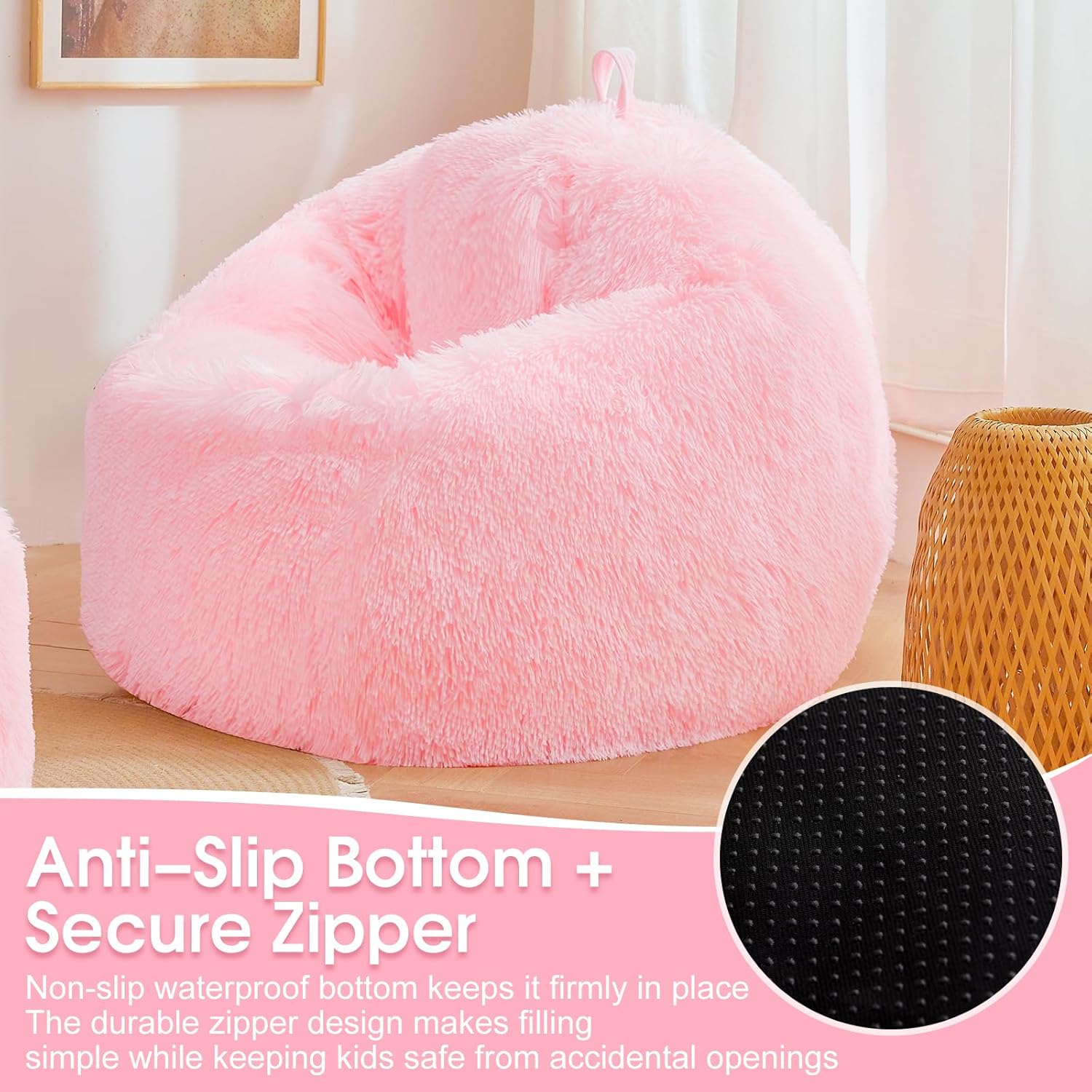 Pink fluffy bean bag chair covers (No Filler), comfy Plush Pink bean bag chair Cover for bedroom, stuffed animal Storage, kids adults teens girls bean bag chairs, Anti-Slip