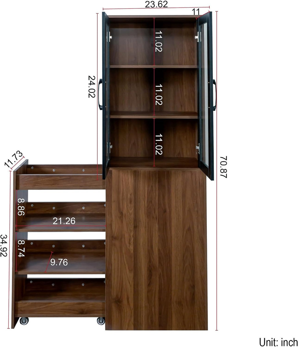 LUMISOL Tall Kitchen Pantry Cabinet with 4 Tier Pull-Out Storage Shelf, Kitchen Hutch Wooden Tall Bookshelf with 2 Glass Doors, Modern Display Storage Cabinet for Living Room Dining Room, Walnut