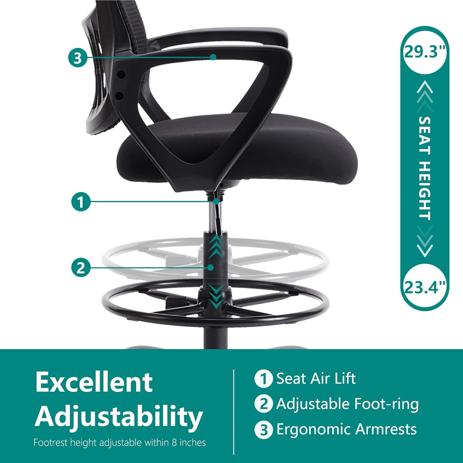 DUMOS Drafting Chair - Counter Height Adjustable Tall Office Desk Chair with Fixed Armrests and Comfortable Lumbar Support for Standing Desk, for Bedroom Livingroom, Black