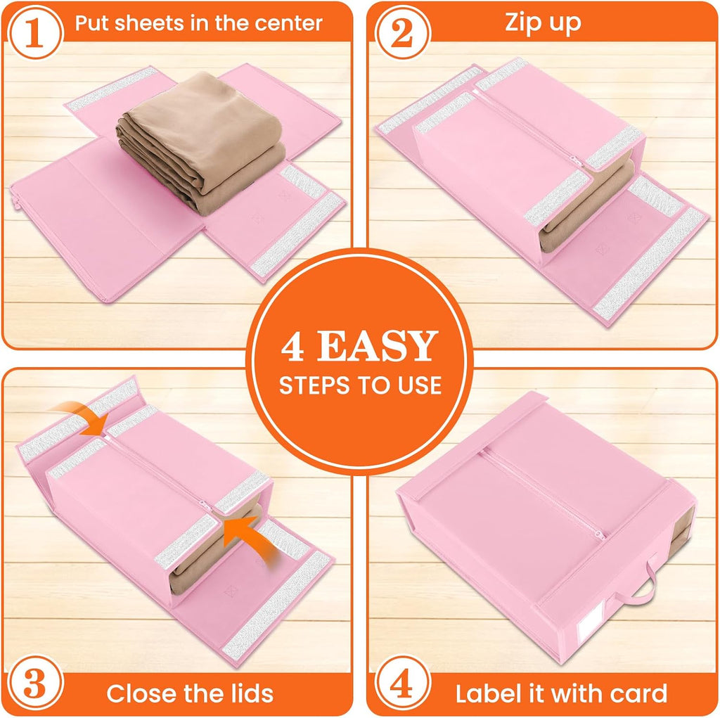 WOWBOX Sheet Organizers and Storage,Closet Bed Sheet Organizer Under Bed Storage and Organization with Label Cards & Clear Window for Bedding Sheets,Duvet Covers,Blankets (6 Pack，Pink)