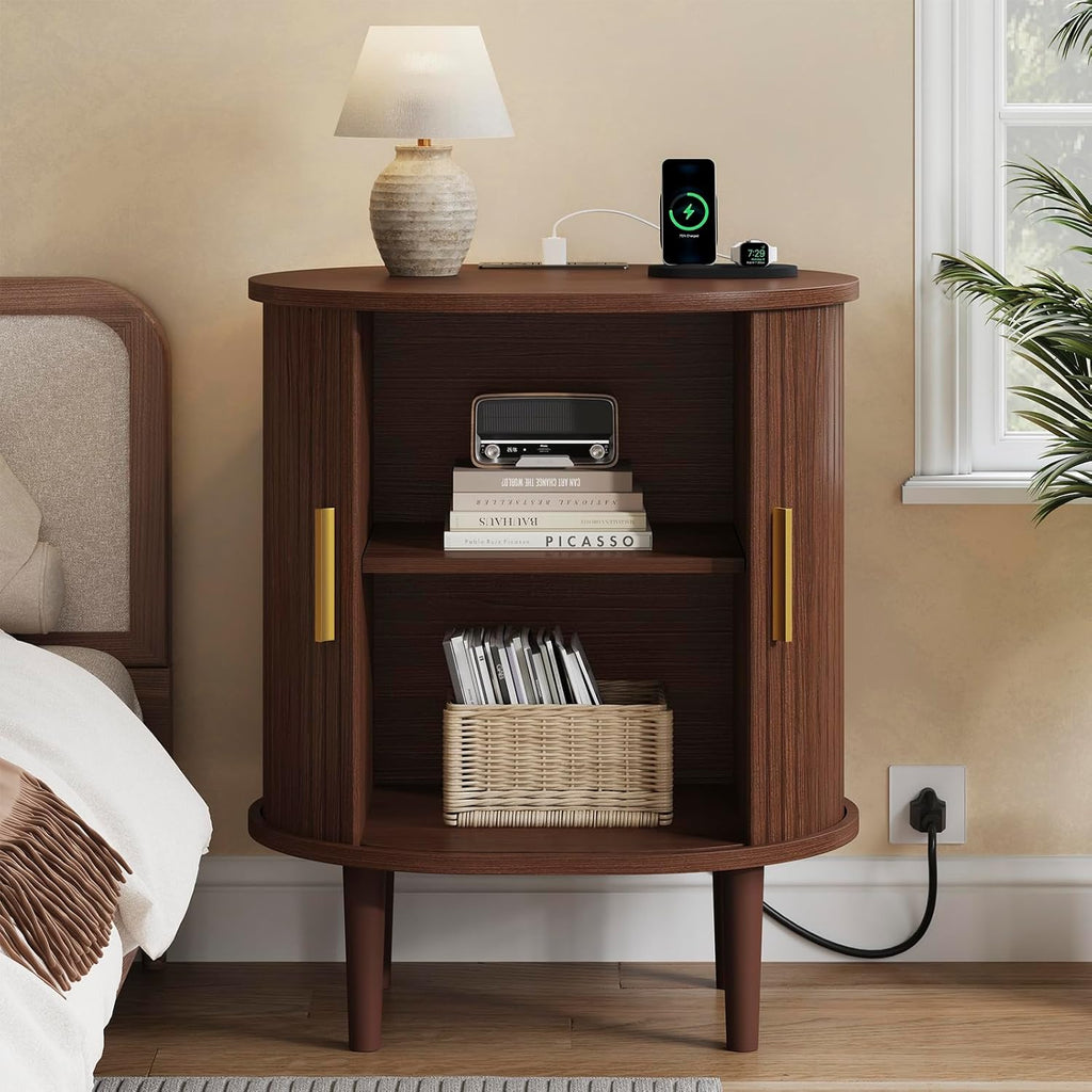 DHH Mid Century Modern Nightstand with Charging Station, Fluted Accent Side Table with Sliding Door & Adjustable Shelf, End Table for Small Space, Living Room, Bedroom,Sofa Couch (1, Walnut)