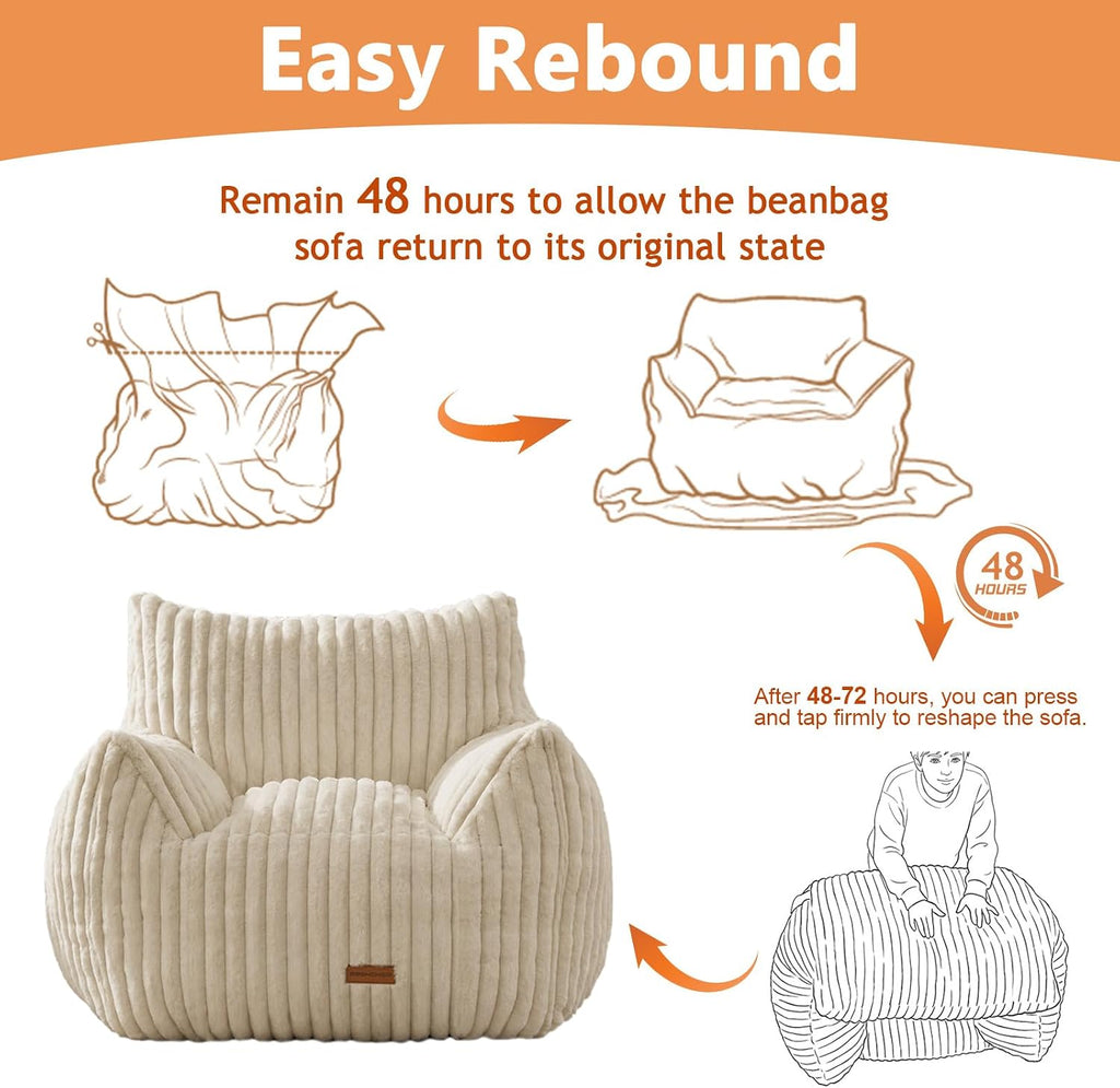 Giant Bean Bag Chair for Adults Teens with Armrest Large BeanBag Couch Sofa | with Foam Filling,Back Support,Comfy Faux Fur,Beige Plush Reading Chair Floor Sofa for Bedroom,Living room,Dorm