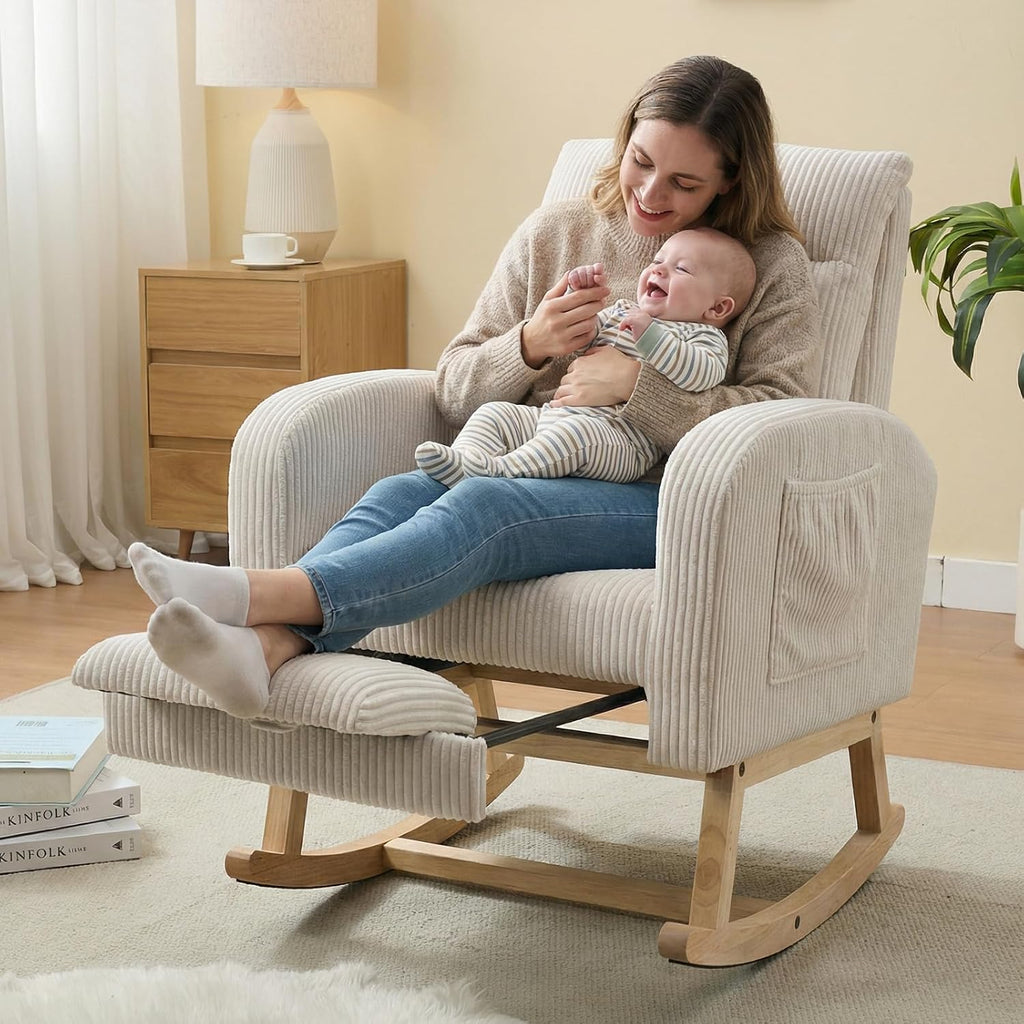 NIOIIKIT Nursery Rocking Chair, Corduroy Upholstered Rocking Chair with Adjustable Footrest, Tufted Rocker Chair with Side Pocket, Glider Rocker for Living Room (Cream Casual)