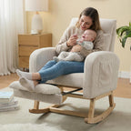 NIOIIKIT Nursery Rocking Chair, Corduroy Upholstered Rocking Chair with Adjustable Footrest, Tufted Rocker Chair with Side Pocket, Glider Rocker for Living Room (Cream Casual)