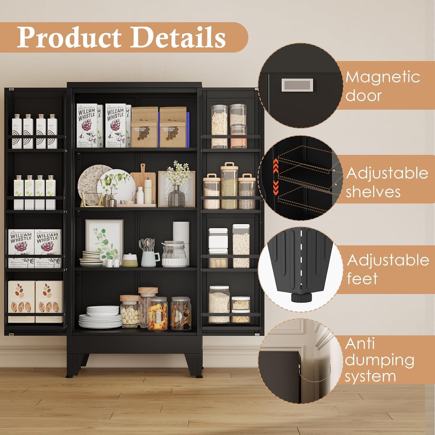 51" H Tall Metal Kitchen Pantry Storage Cabinet, Freestanding Storage Cabinets with Magnetic Doors and Adjustable Shelves, Black Metal Pantry Cabinet for Dining Room and Living Room.