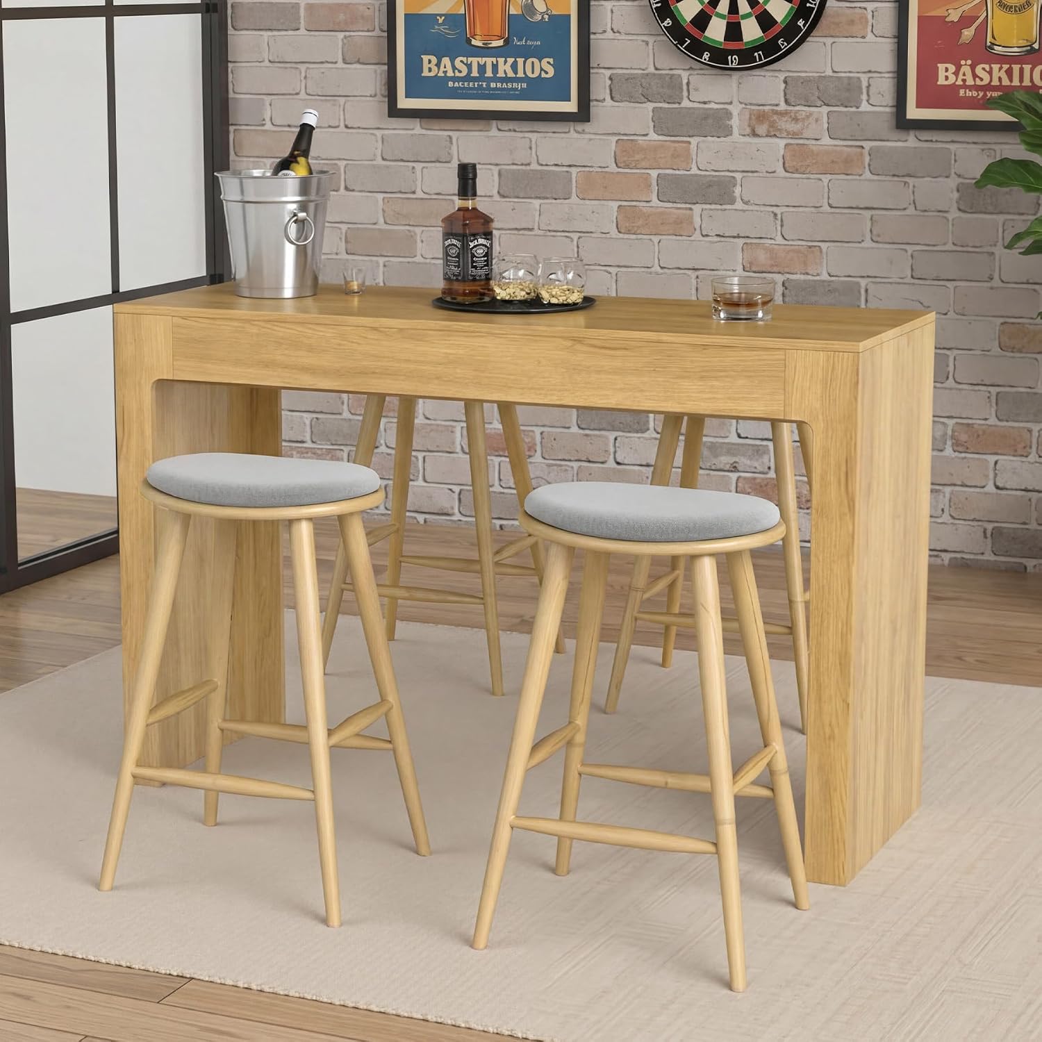 Miereirl 55” Bar Table，Long Bar Table with Oak Finish Tabletop，Modern Counter Height Pub Table, Rectangular Home Dining Bar Unit for 4-6 People, Kitchen, Living Room, Bar, Golden Oak