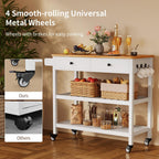 Gizoon Kitchen Island Cart on Wheels with 40'' Wood Tabletop | 2 Open Tiers Storage Shelves and Towel Rack, Rolling Utility Cart with 3 Side Hooks and 2 Drawer for Dining Room, Bar, White