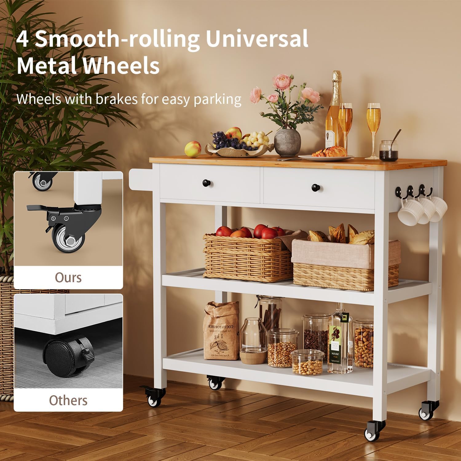 Gizoon Kitchen Island Cart on Wheels with 40'' Wood Tabletop | 2 Open Tiers Storage Shelves and Towel Rack, Rolling Utility Cart with 3 Side Hooks and 2 Drawer for Dining Room, Bar, White
