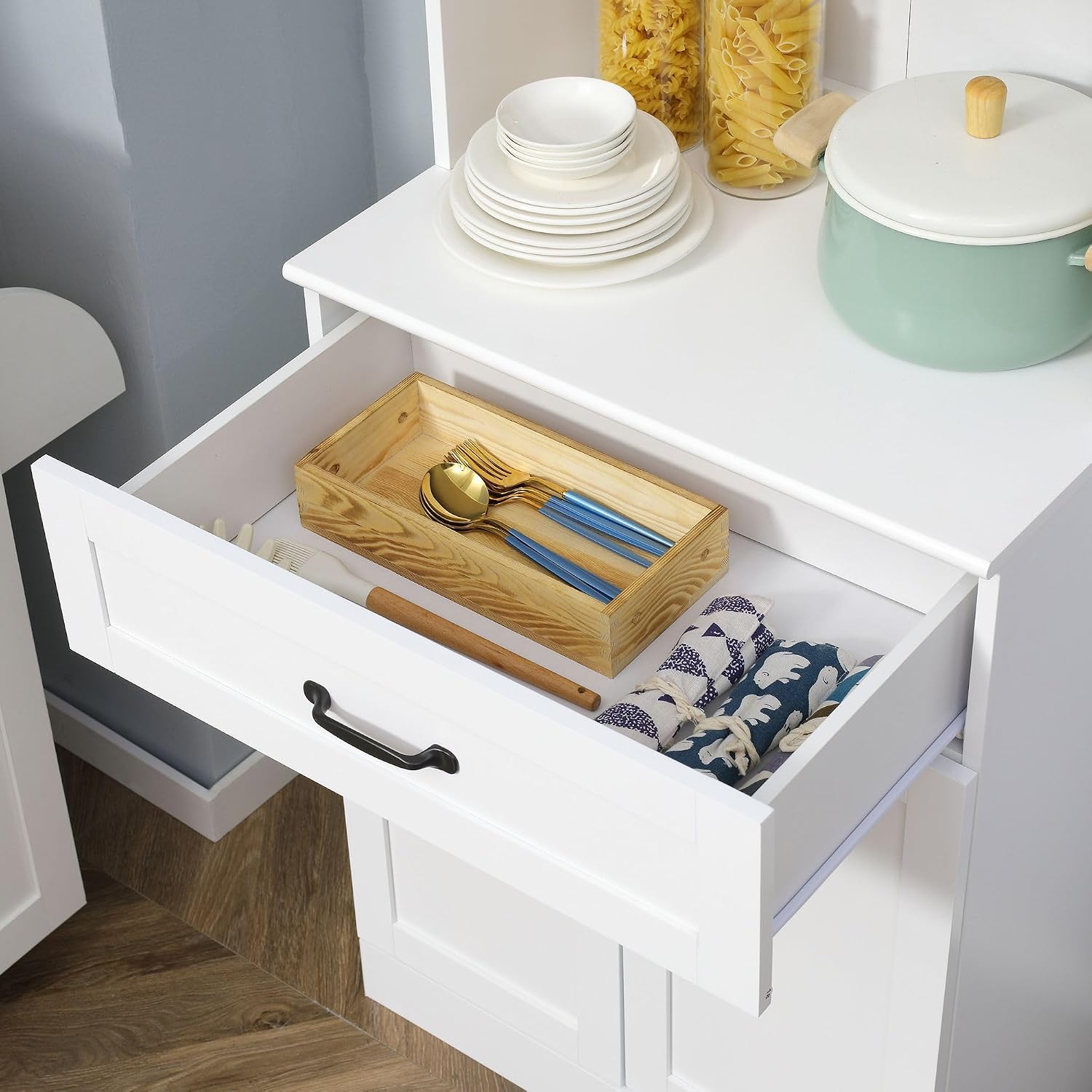 63.5in Premium Sleek 4-Door White Freestanding Kitchen Buffet Cabinet with Hutch Adjustable Shelves & Coffee Bar Modern Design
