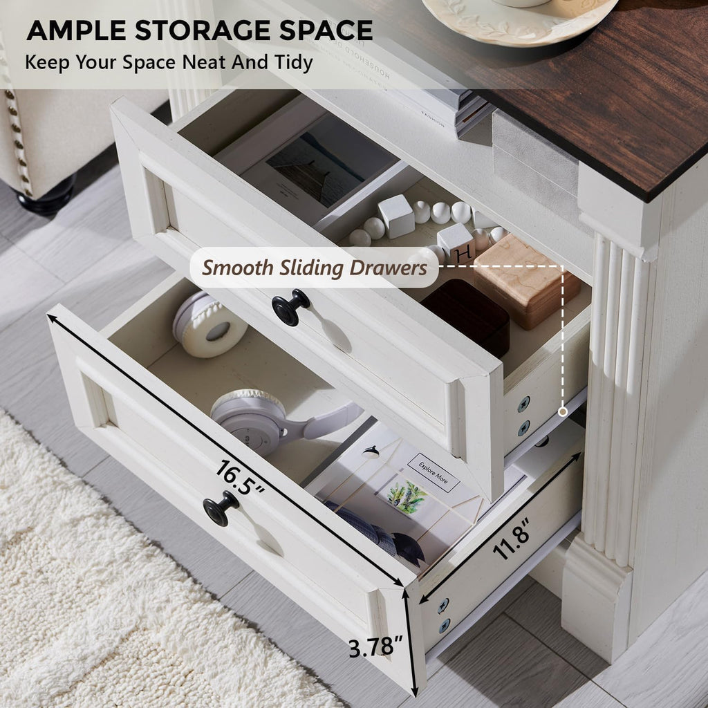 26" Tall Farmhouse Night stand Set of 2, 2 Drawers End Table w/Charging Station, 23.6" Wide Wood Side Table w/Roman Column, Large Rustic Sofa Table w/Open Shelf, Bedside Table for Bedroom, White