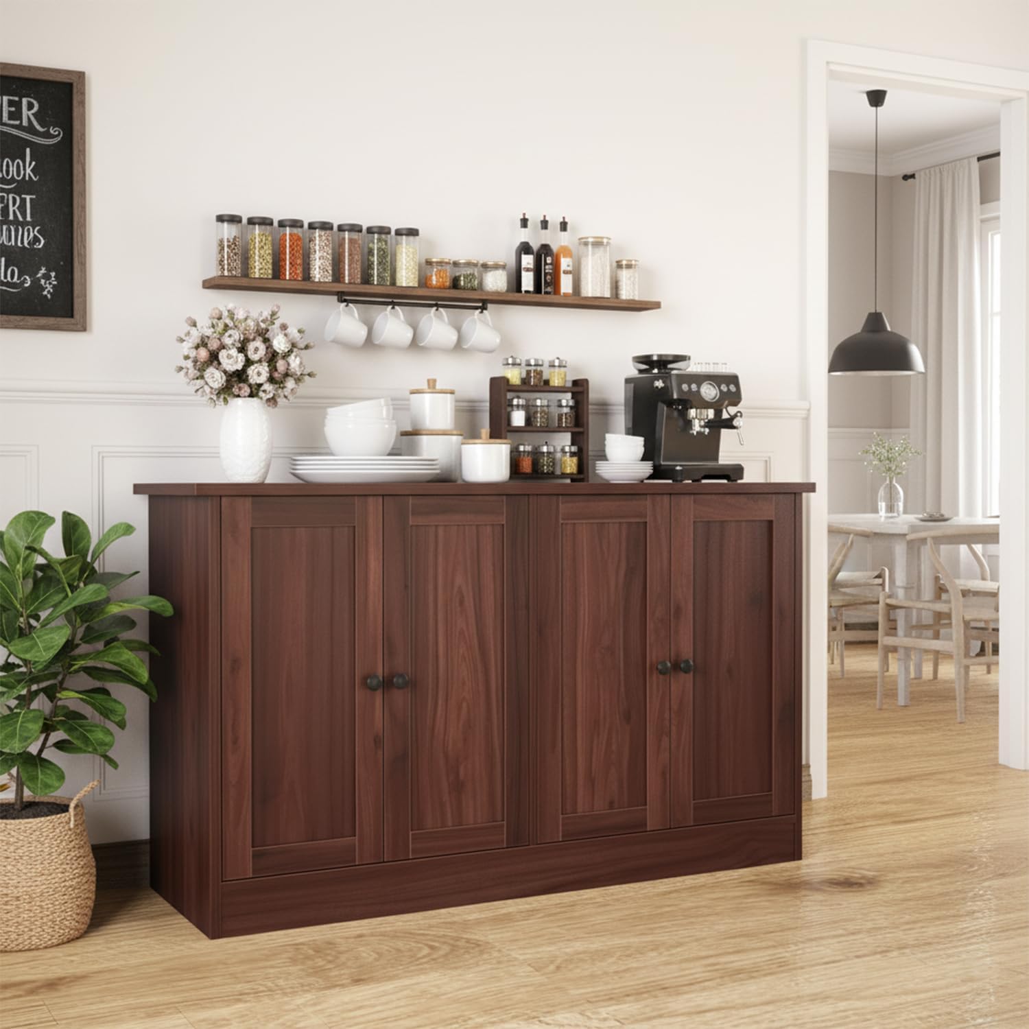 holzart Rustic Brown Buffet Cabinet with Storage, 49" Farmhouse Kitchen Sideboard with 4 Doors, Industrial Coffee Bar Cabinet & Console Table for Dining Room, Living Room