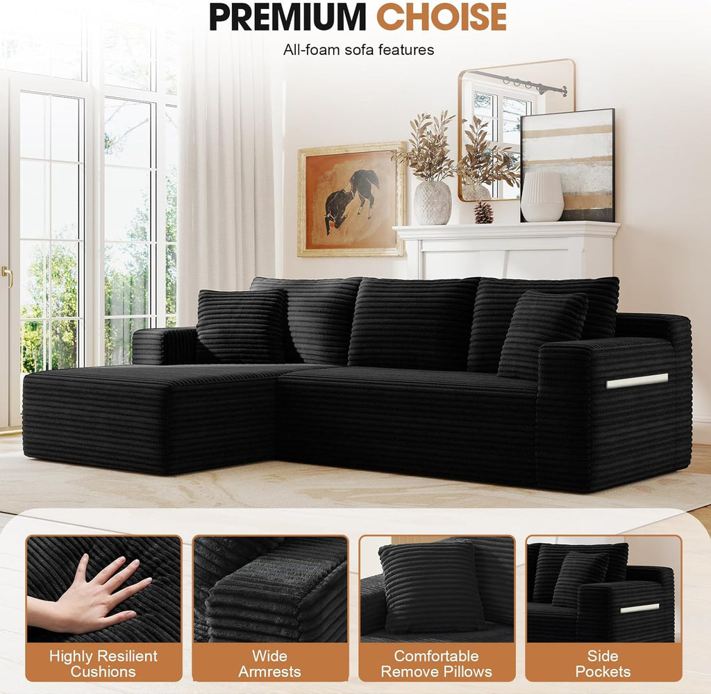 94.5" L-Shaped Cloud Sectional Couch for Living Room, Modern Minimalist Upholstered Boneless Sofa,Corduroy Fabric Modular Sectional Sofa with Chaise, No Assembly Required (Black, Left)