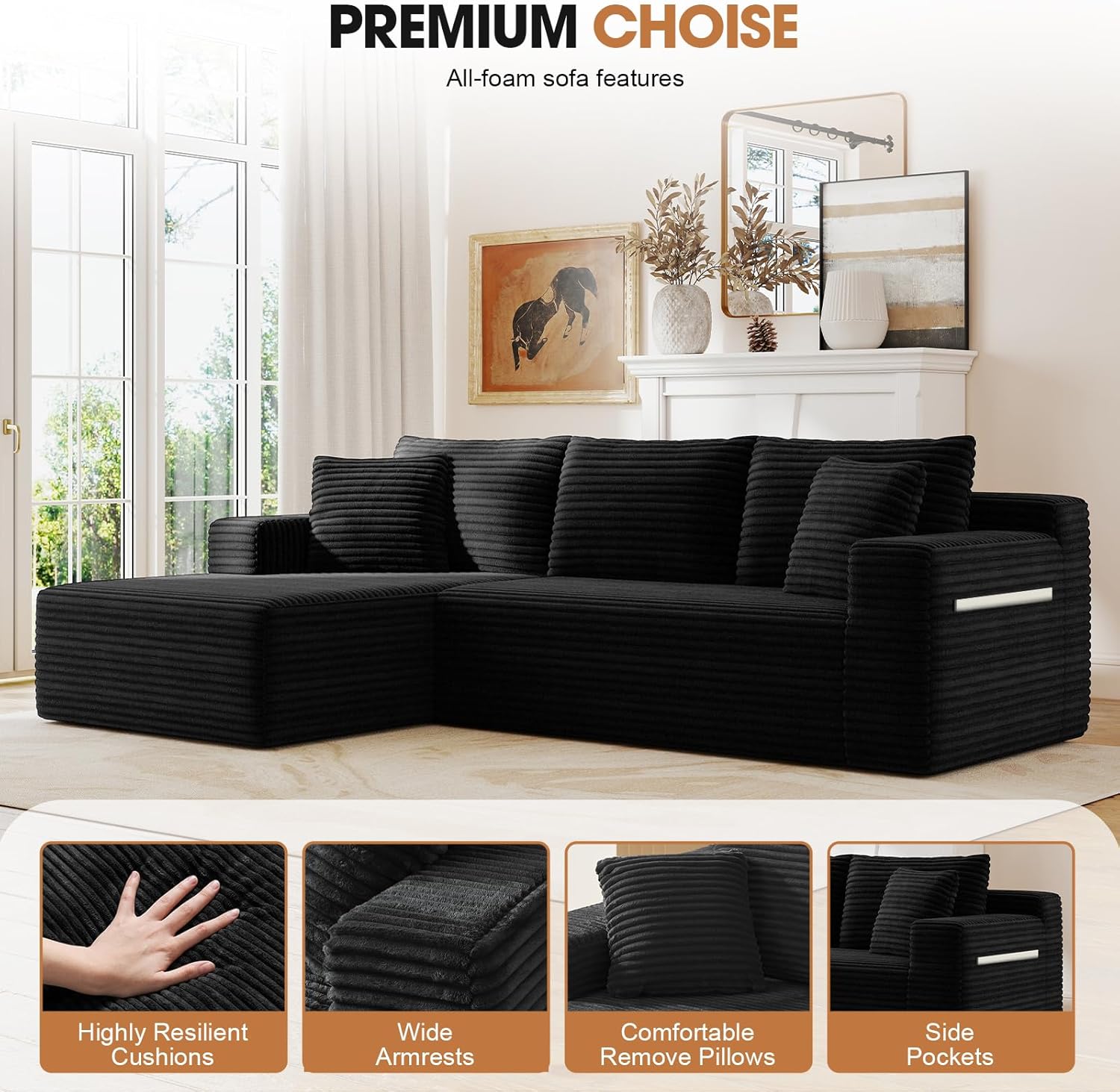 94.5" L-Shaped Cloud Sectional Couch for Living Room, Modern Minimalist Upholstered Boneless Sofa,Corduroy Fabric Modular Sectional Sofa with Chaise, No Assembly Required (Black, Left)