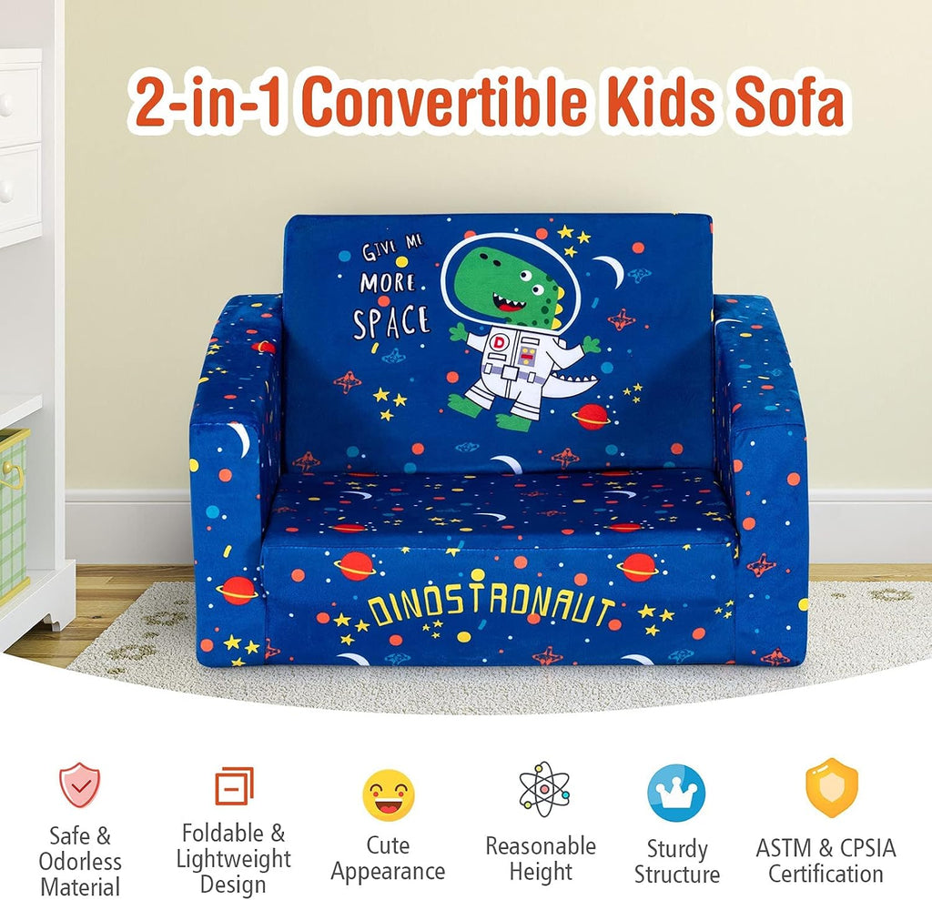 Costzon Kids Couch, 2 in 1 Flip Open Children's Sofa w/Velvet Fabric, Storage Pockets, Toddler Armrest Chair Bed for Nap Play Sleep, Ideal Gift for 0-4 Years Old Baby Boys Girls, Blue Space
