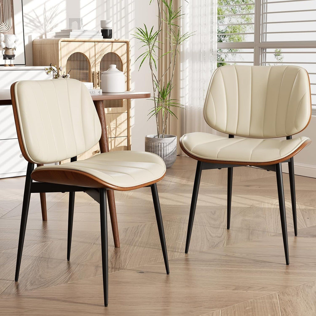 Dining Chairs Set of 2, Mid Century Modern Dining Room Chairs, Upholstered Faux Leather Kitchen Chairs with Walnut Bentwood Back and Metal Legs for Kitchen Dining Room Living Room, PU Beige