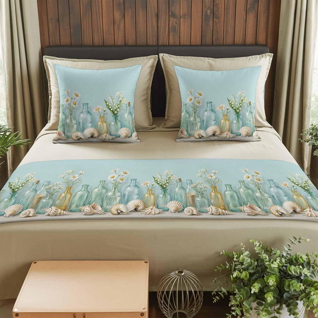Nautical Conch Shell Bed Runners for Cal King Size Beds Sea Glass Bottles Coastal Floral Bed Scarf Matching Decorative Throw Pillow Covers Hotel Beds End Blanket Towel Bedspread Protection for Bedroom