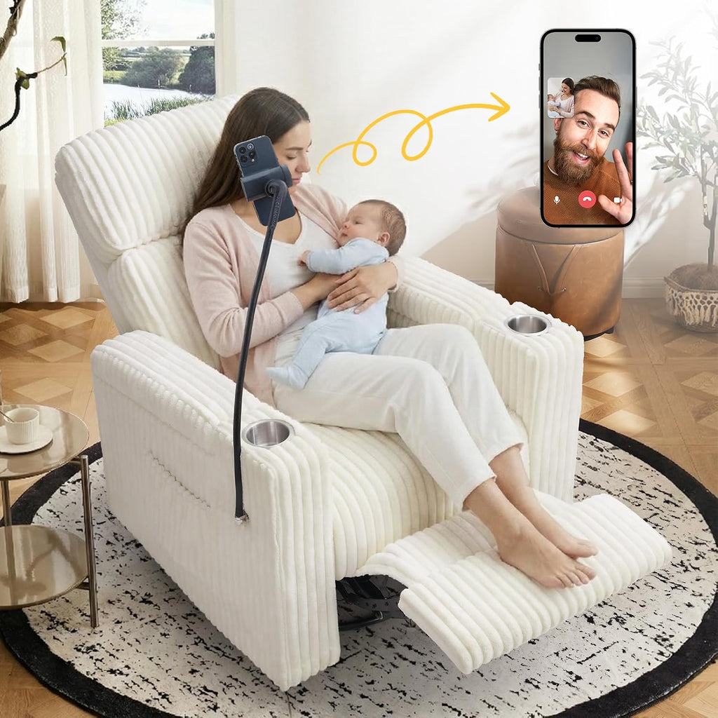 Power Swivel Rocking Chair Nursery with Armrest Storage, Skin-Friendly White Corduroy Nursing Chair Copy Thickened High-Density Foam Rocking Recliner with USB & C Port, Cup & Phone Holder