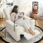 Power Swivel Rocking Chair Nursery with Armrest Storage, Skin-Friendly White Corduroy Nursing Chair Copy Thickened High-Density Foam Rocking Recliner with USB & C Port, Cup & Phone Holder