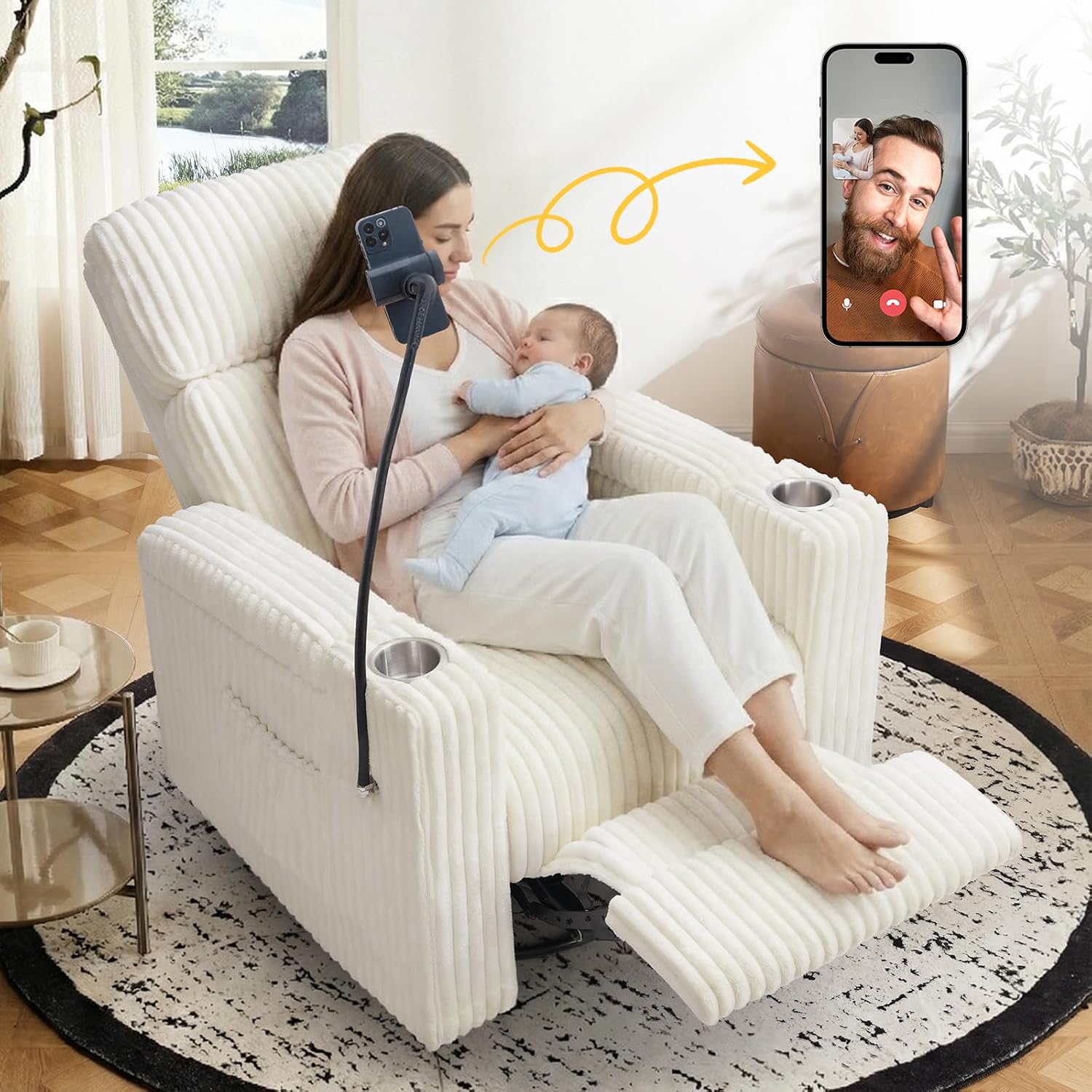 Power Swivel Rocking Chair Nursery with Armrest Storage, Skin-Friendly White Corduroy Nursing Chair Copy Thickened High-Density Foam Rocking Recliner with USB & C Port, Cup & Phone Holder