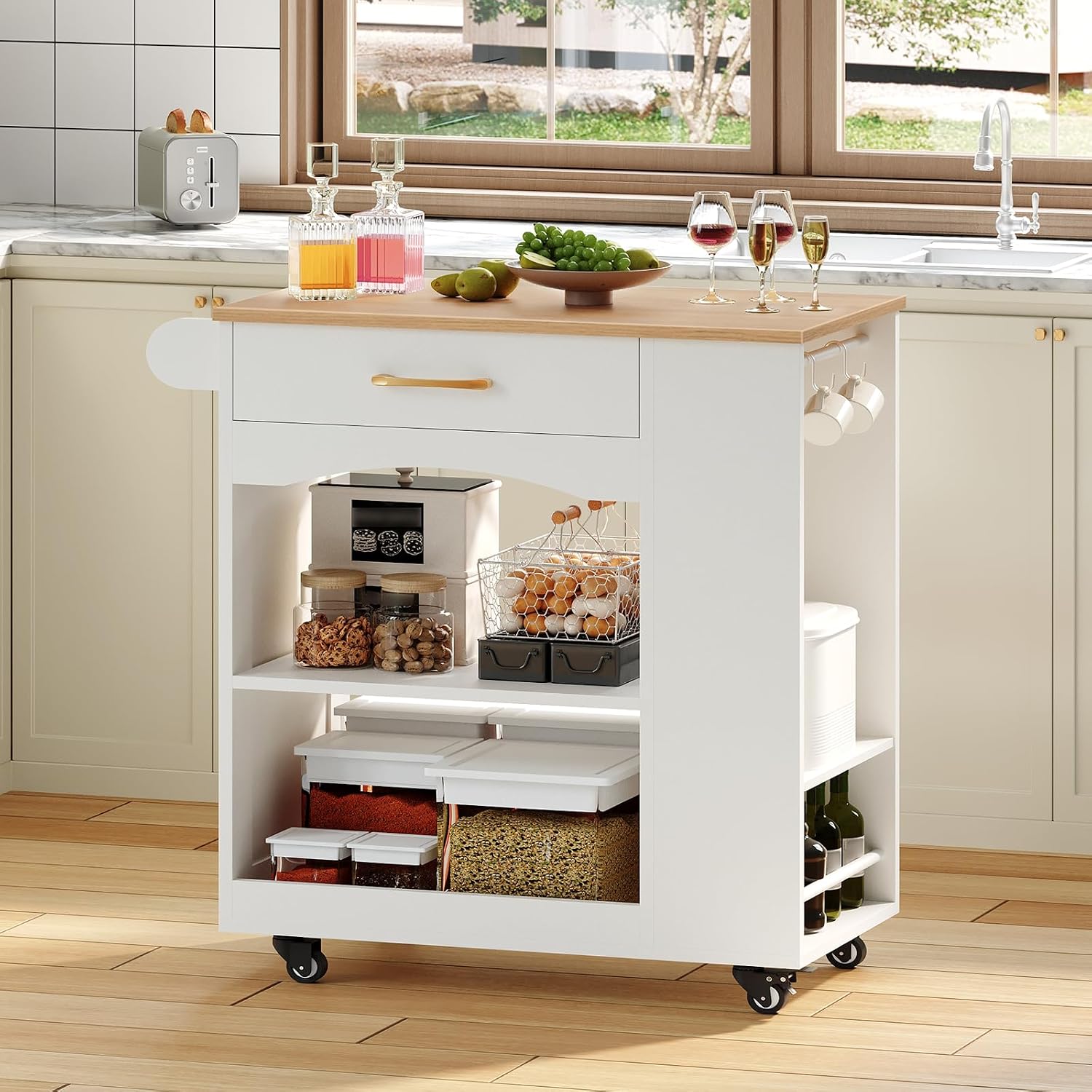MAHANCRIS Kitchen Island, Mobile Kitchen Island Table with Drawer and Open Shelves, Kitchen Storage Island on Wheels, Rolling Kitchen Cart with 6 S-Shaped Hooks, for Kitchen White and Natural KIBN9901
