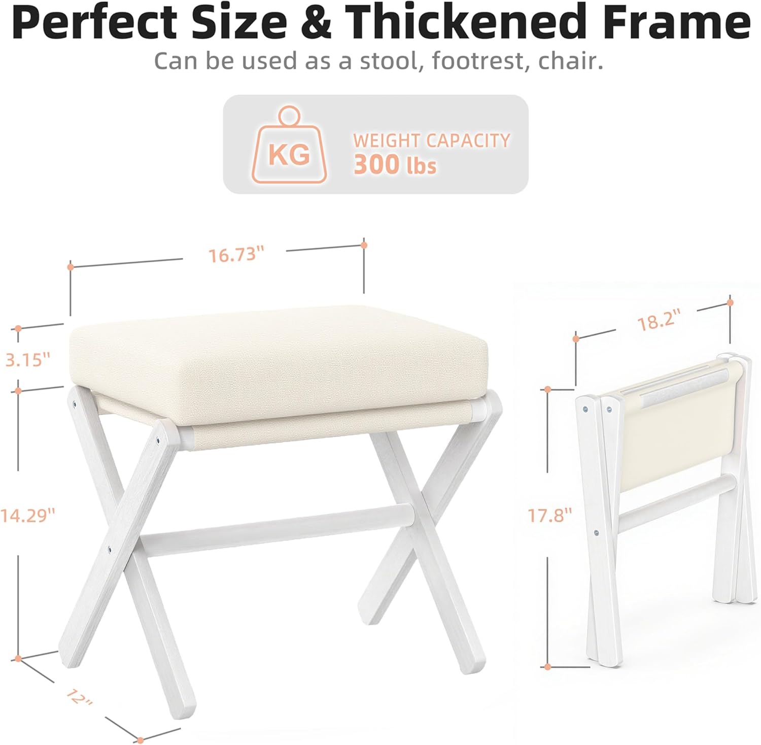 BAMBOOHOMIE Foldable Foot Stool Ottoman, Modern Foot Rest with Bamboo X Legs & Thick Foam Cushion, Folding Foot Stools Small Padded for Bedroom Living Room, Footstool for Chair Couch (White - White)